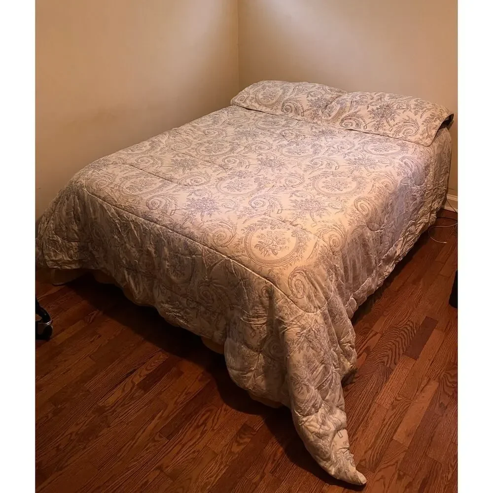Vintage French country Toile‎ Cream Blue Queen Quilt Comforter Bedspread 2 Shams